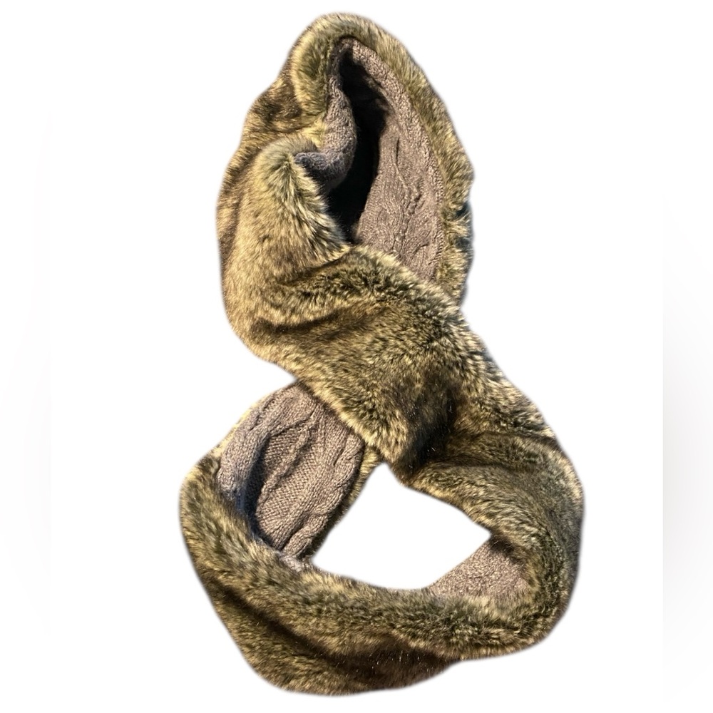 Juicy Couture Faux Fur Infinity Scarf - Brown, with Interior Grey Cable Knit